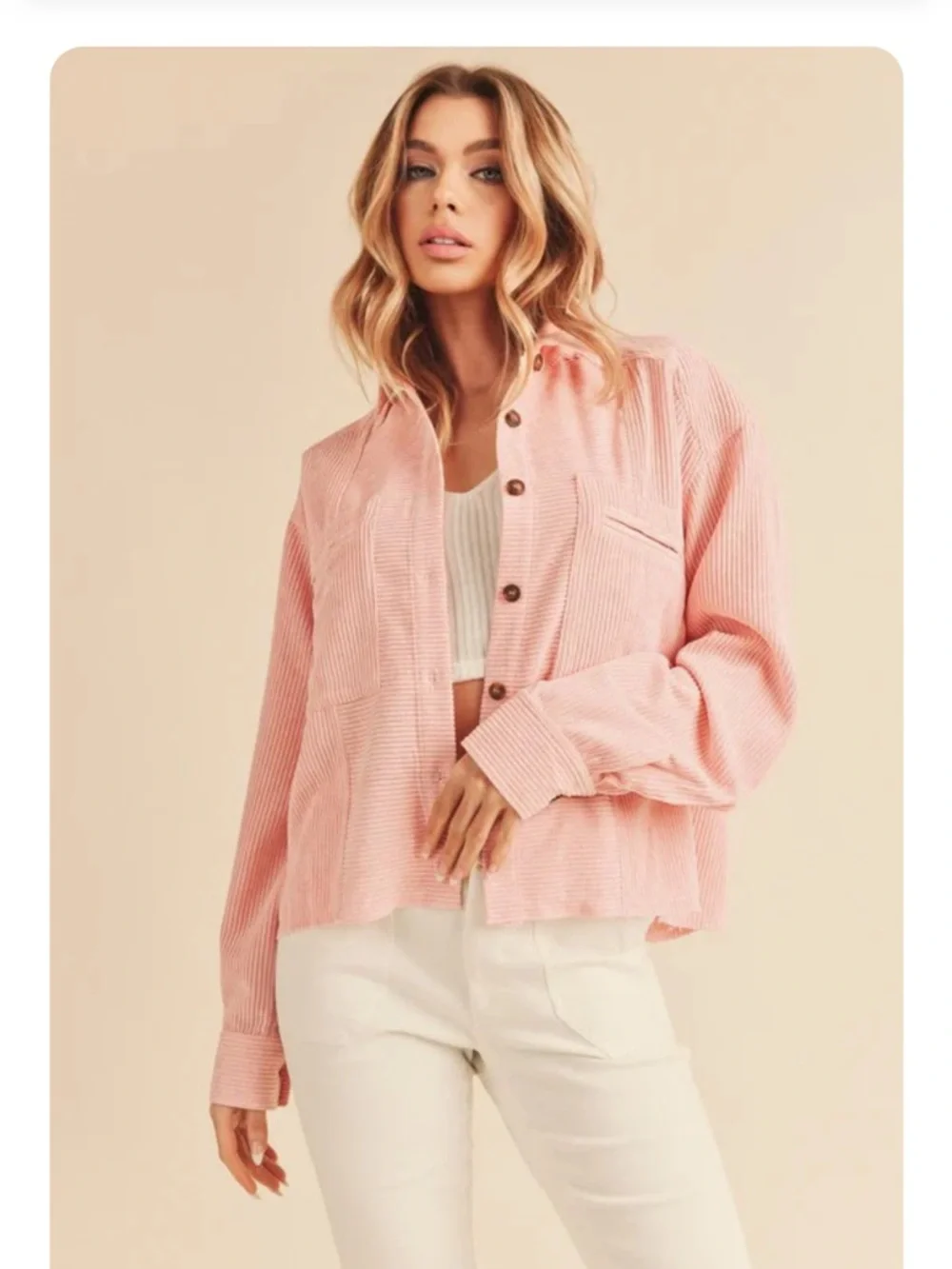 Women's Pink Corduroy Button-Front Shacket